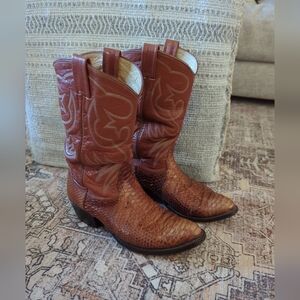 Nocona 100% Leather Old School Handmade Honey Tan Aconda Snake skin Boots 8.5D